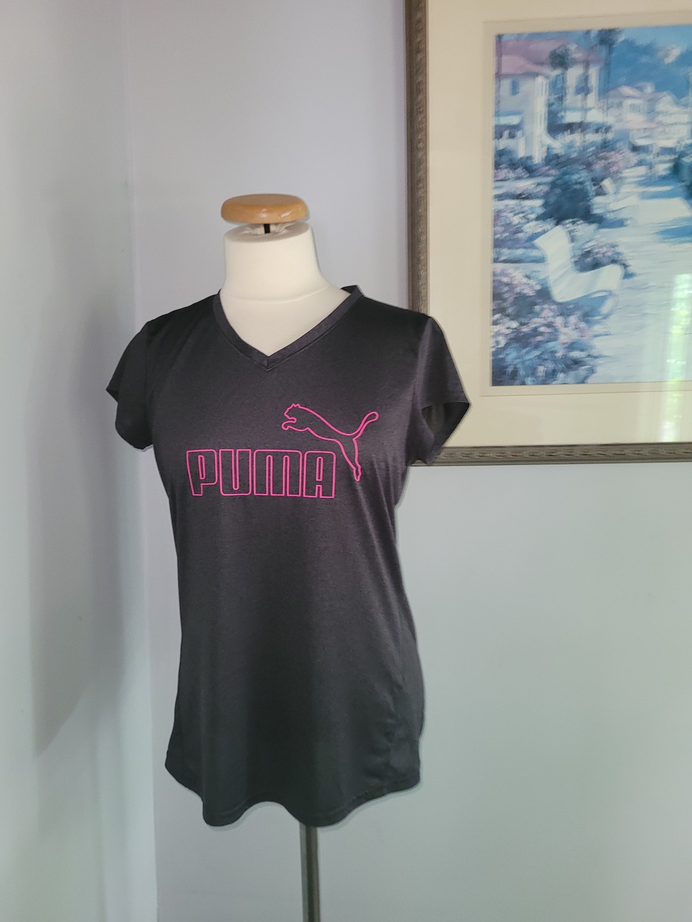 Puma Black V-Neck Tee with Pink Logo